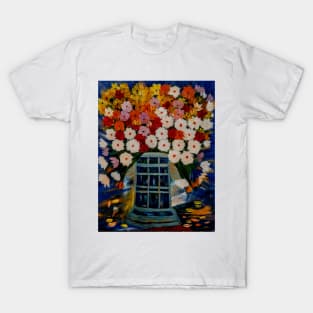 A lovely abstract background and vibrant flowers in a glass vase . T-Shirt